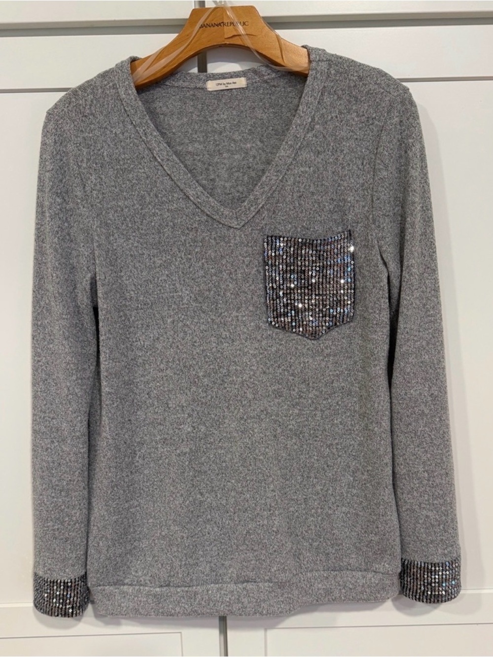 12 Pm By Mon Ami Light Gray V-Neck Sweater with Sequin Pocket & Cuff - Picture 2 of 7